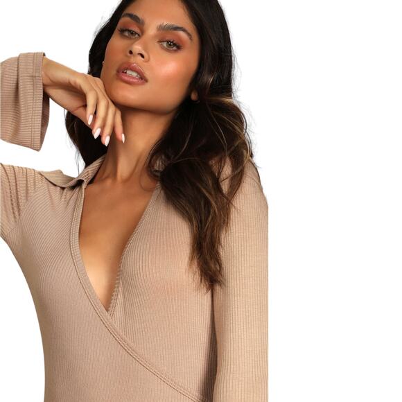 Lulu’s Head to Class Beige Ribbed Collared Long Sleeve Bodysuit - Small - Picture 13 of 16